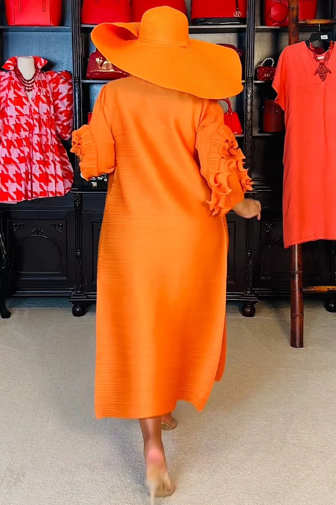 Orange Front Ruffle Long Dress