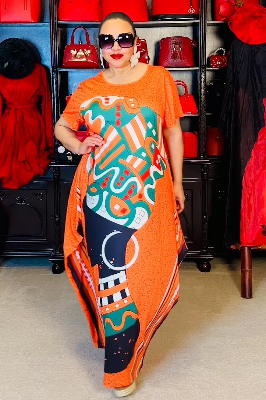 Orange Print One Size Kaftan Dress