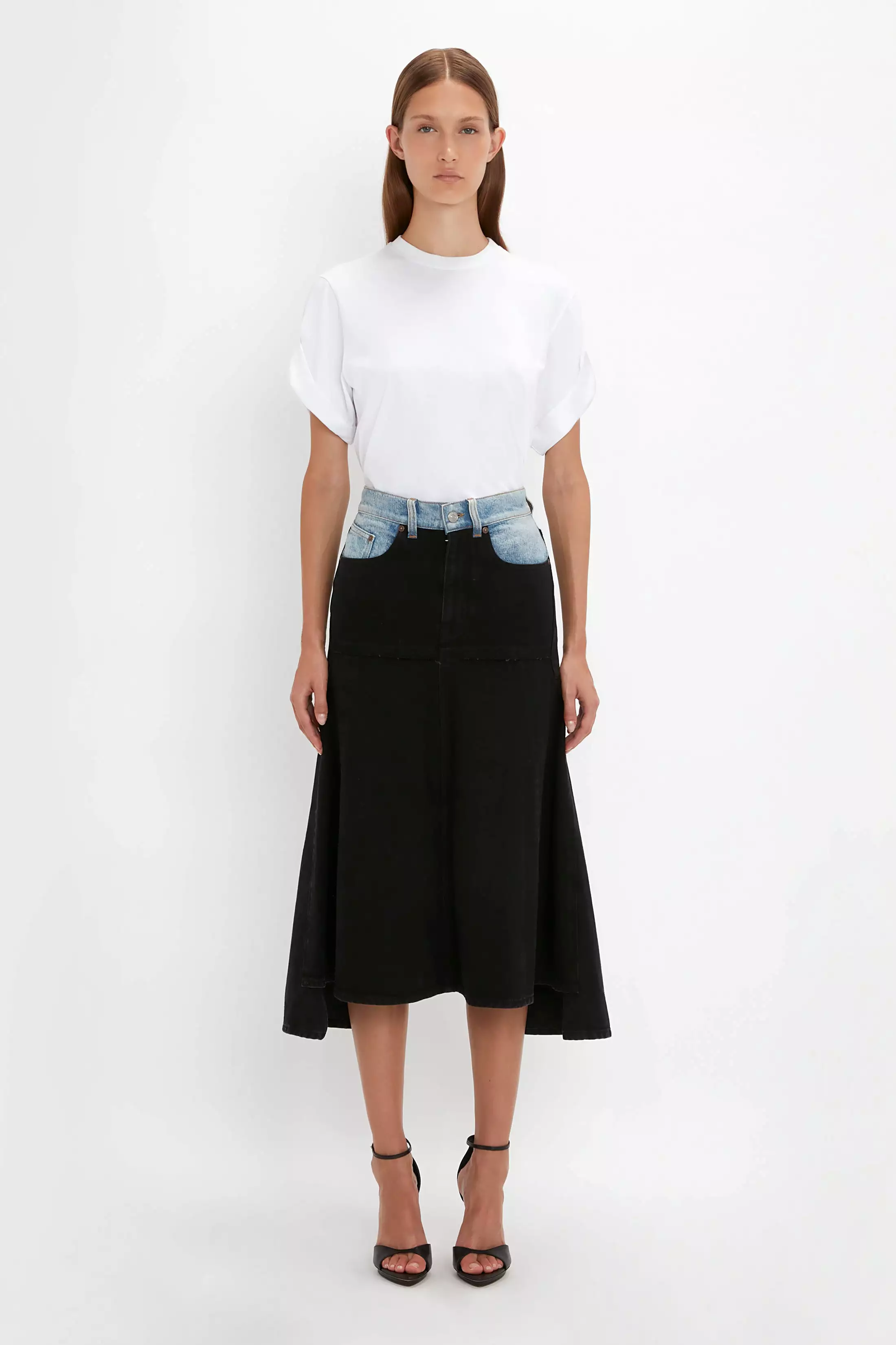 Patched Denim Skirt In Contrast Wash