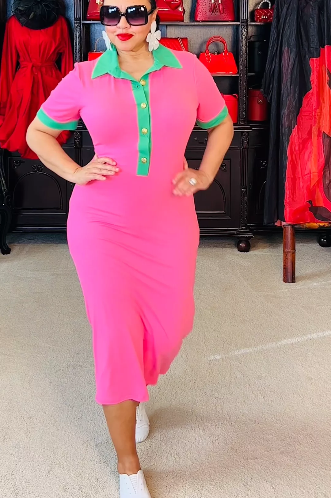 Pink Green Form Fitting Midi Dress