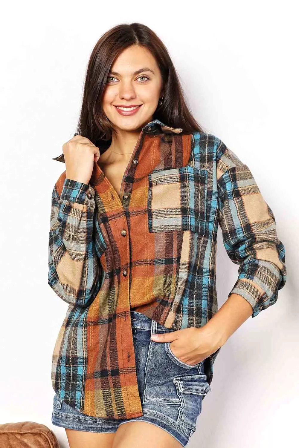 Plaid Curved Hem Shirt Jacket with Breast Pockets