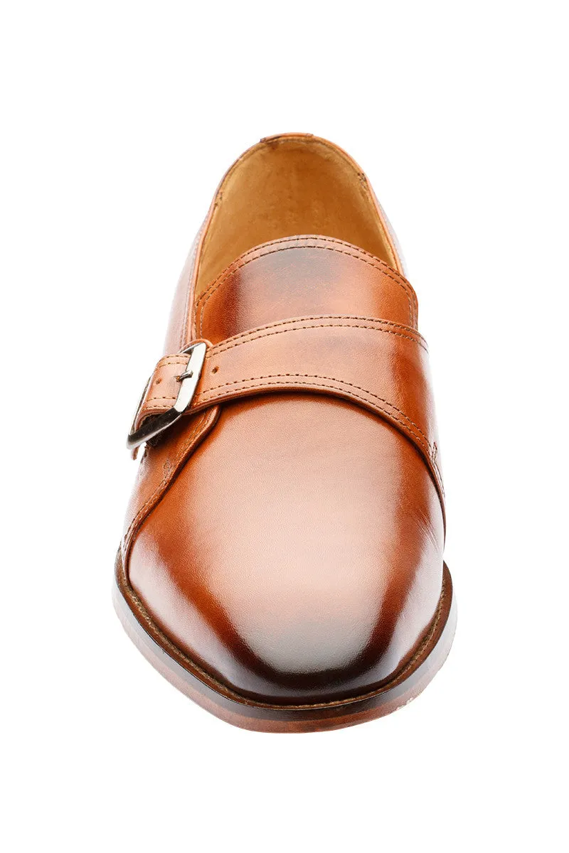 PLAIN VAMP SLIP ON WITH ORNAMENTAL STRAP AND BUCKLE -TAN