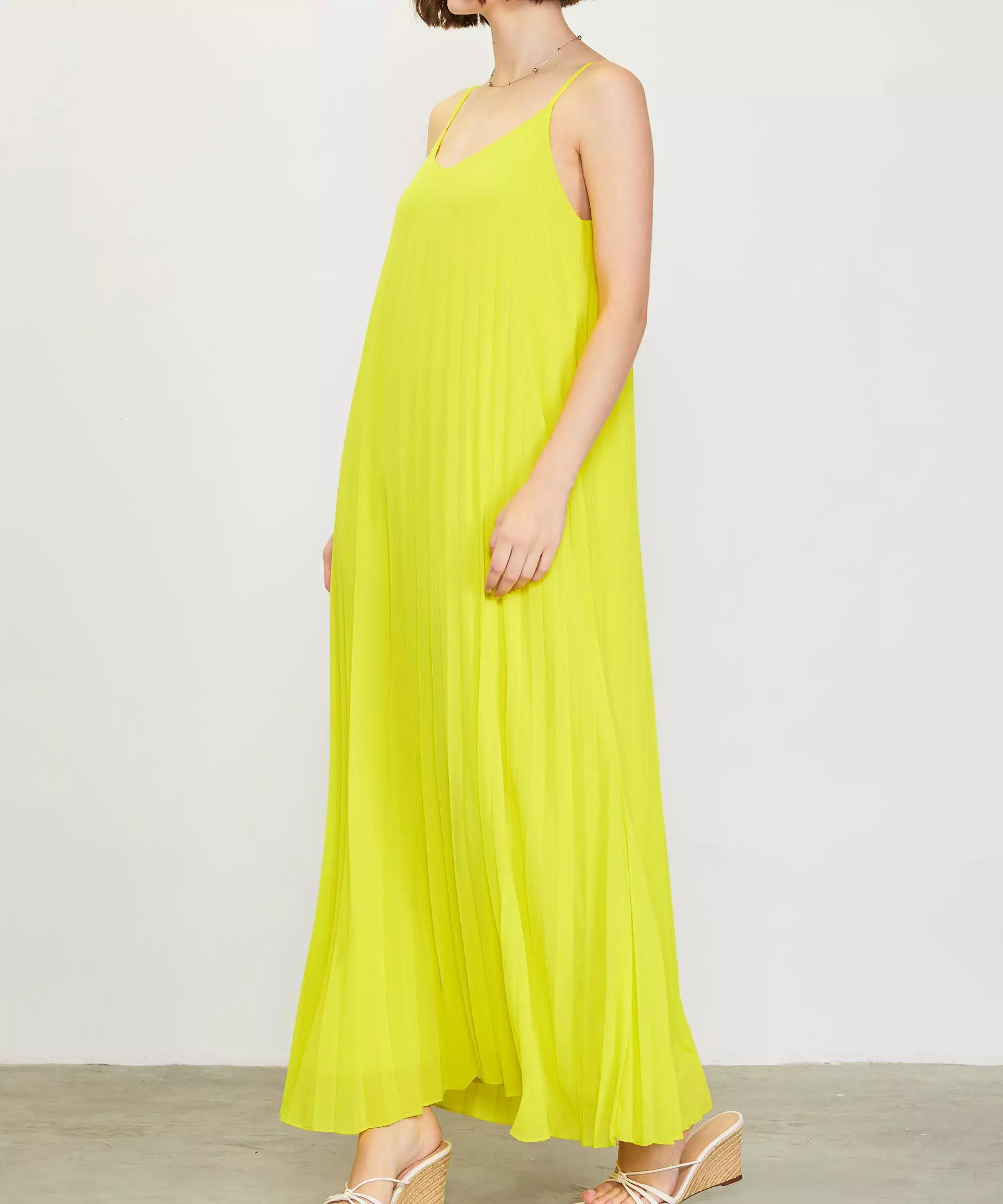 Pleated Maxi Dress - Lime Yellow