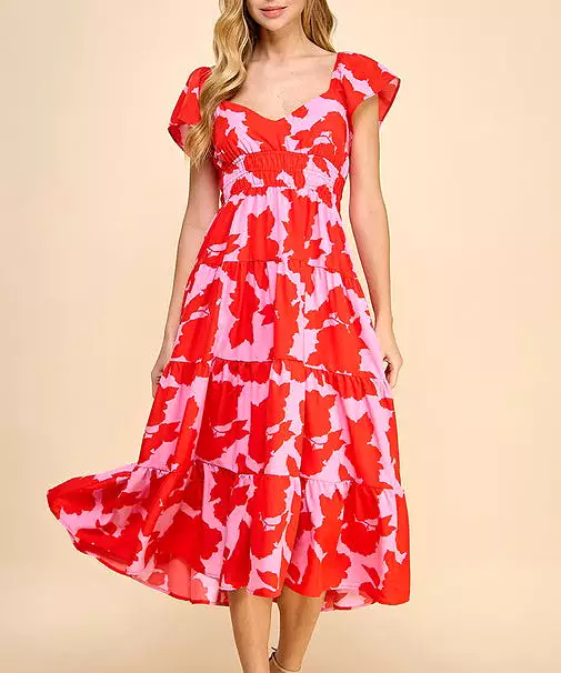 Printed Midi Dress - Red