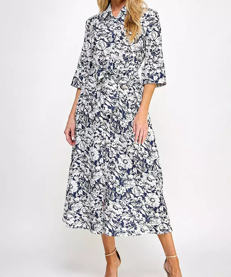 Printed Shirt Dress - Navy/White