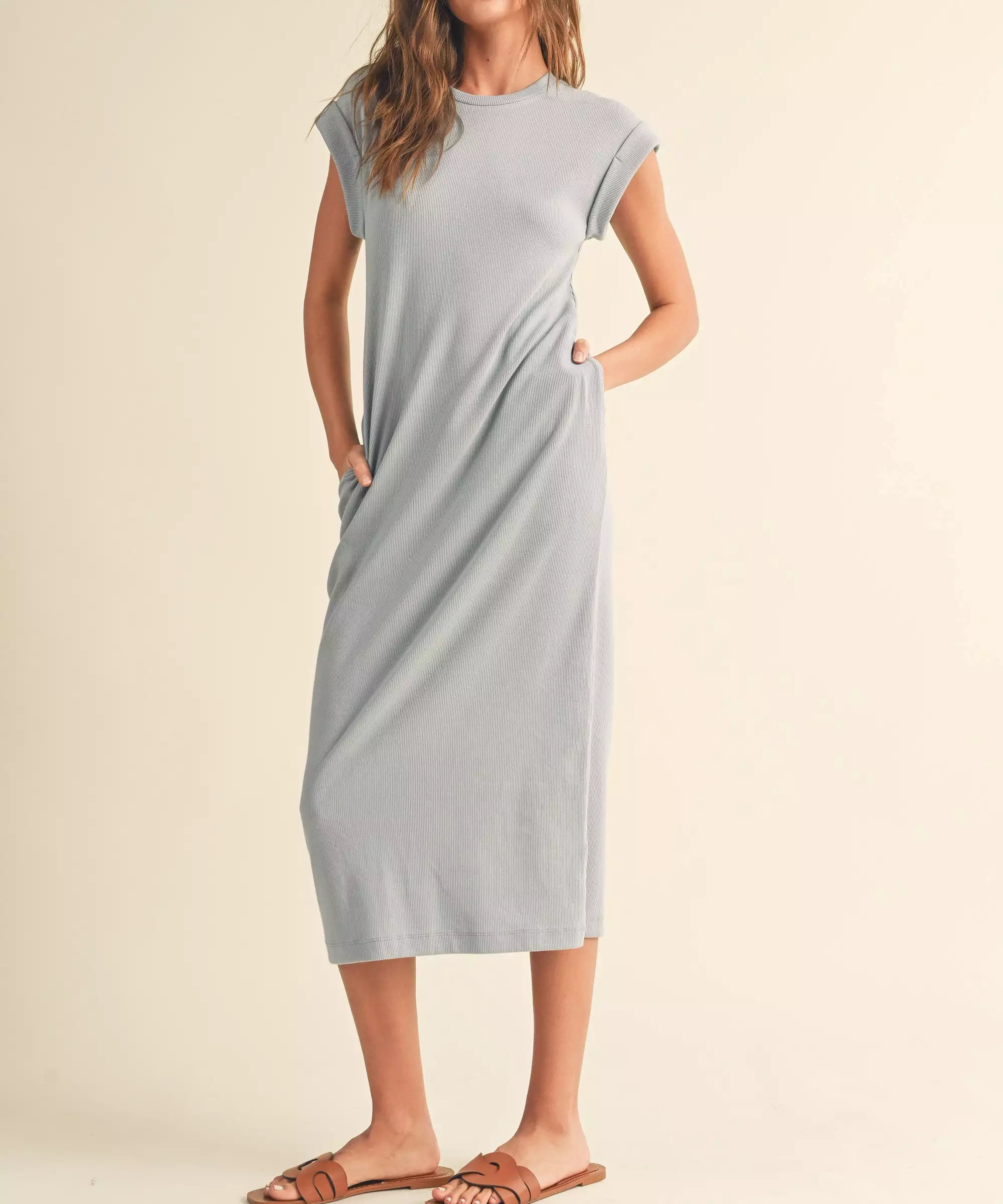 Ribbed Short Sleeve Dress - Sky Blue