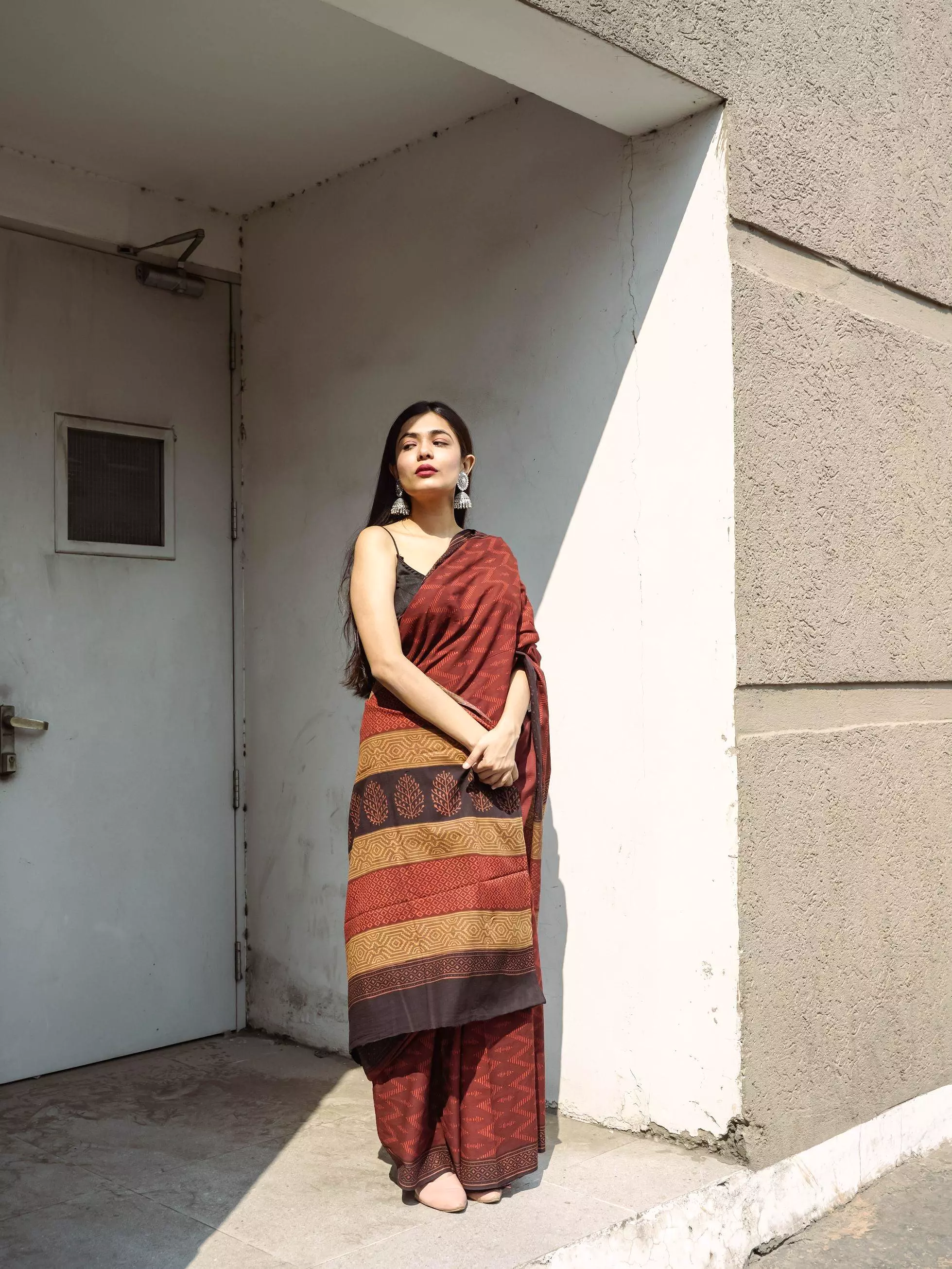 Roheda Chevron natural dyed handblock printed Bagru saree