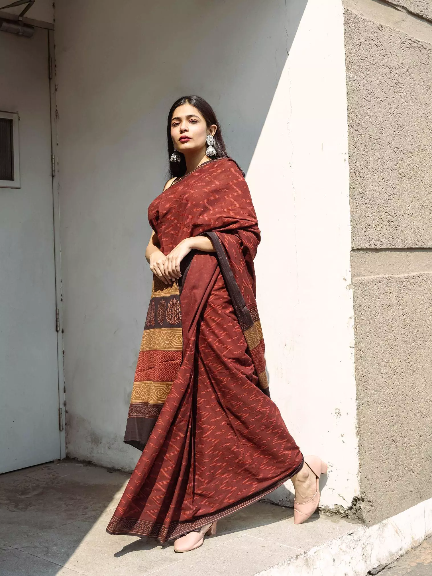 Roheda Chevron natural dyed handblock printed Bagru saree