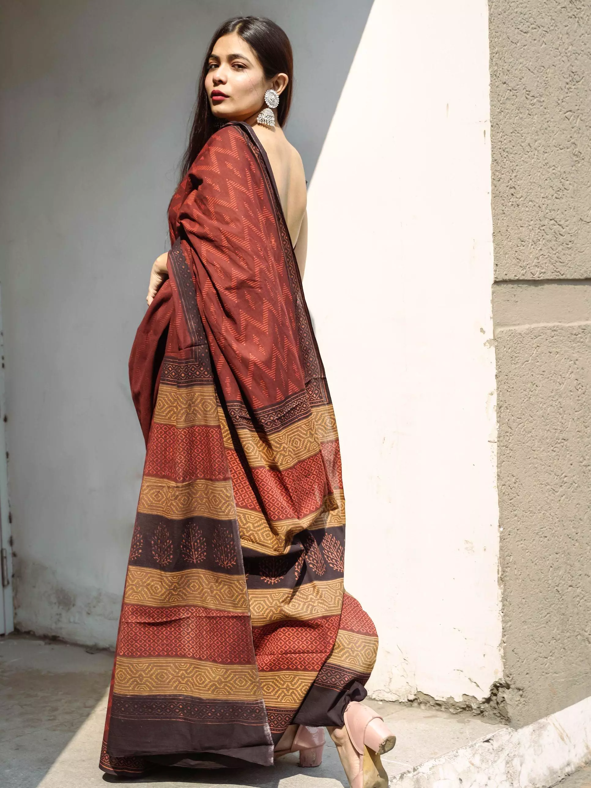 Roheda Chevron natural dyed handblock printed Bagru saree