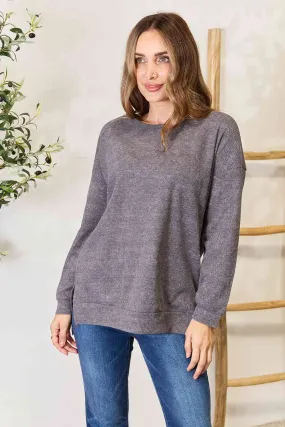 Round Neck Drop Shoulder Slit Sweatshirt**