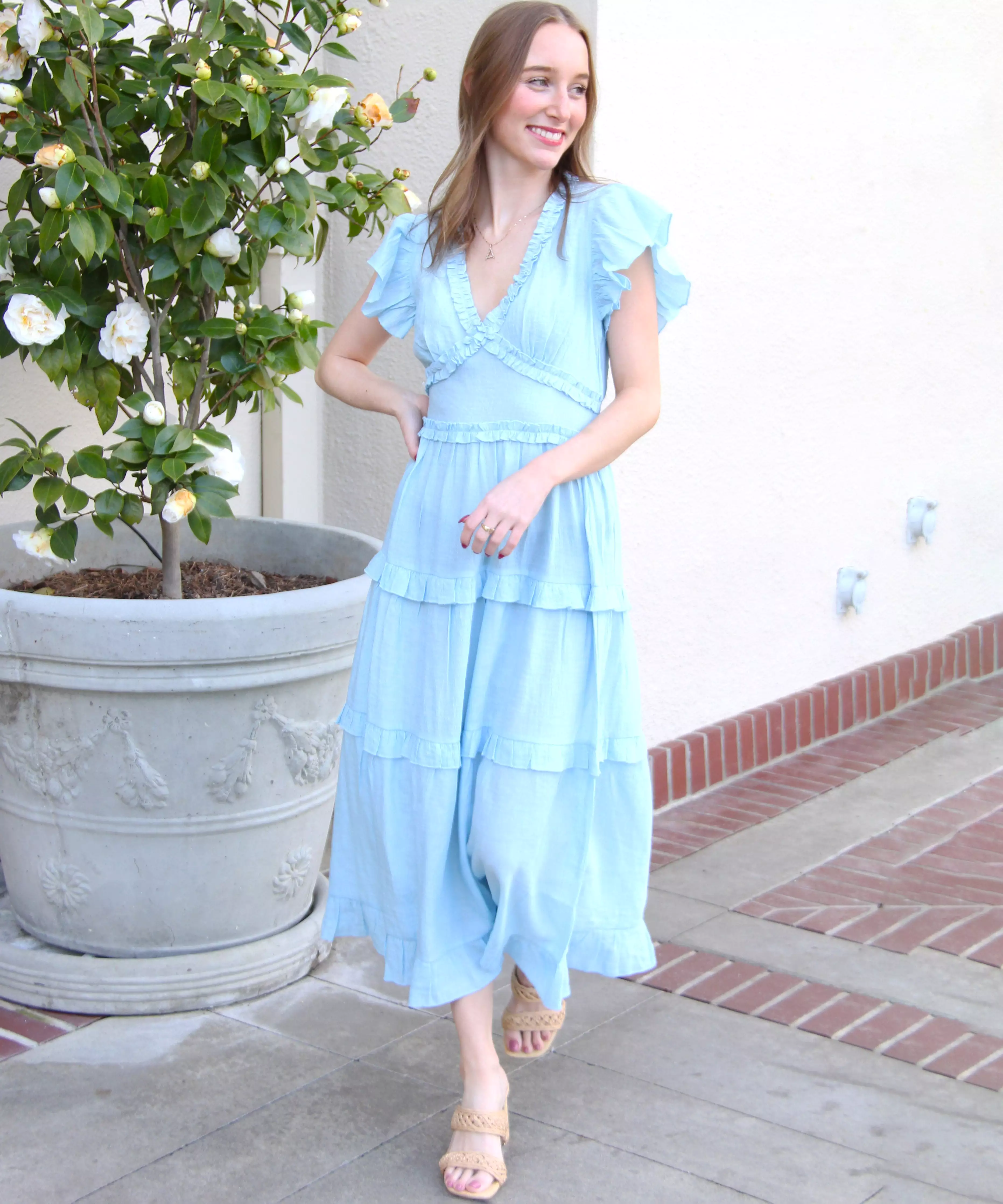 Ruffled Midi Dress - Pastel Blue