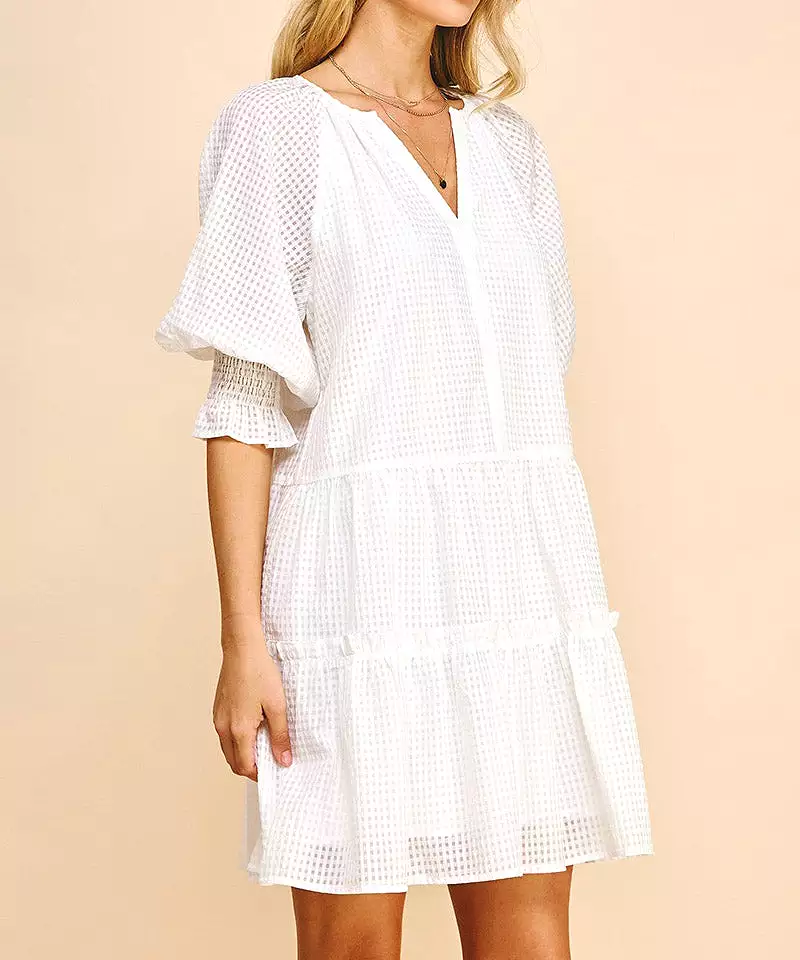 Short Sleeve Tiered Mini Dress - White