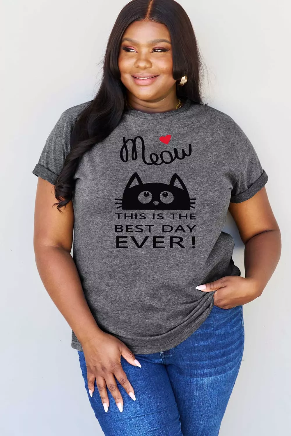 Simply Love Full Size MEOW THIS IS THE BEST DAY EVER! Graphic Cotton T-Shirt