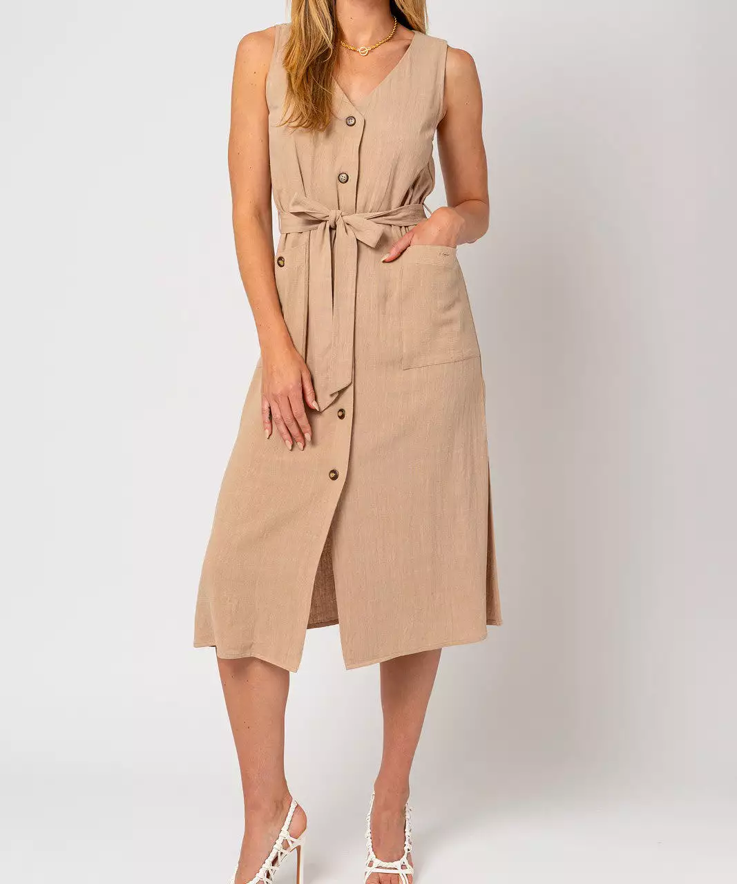 Sleeveless Button Down Dress - Khaki