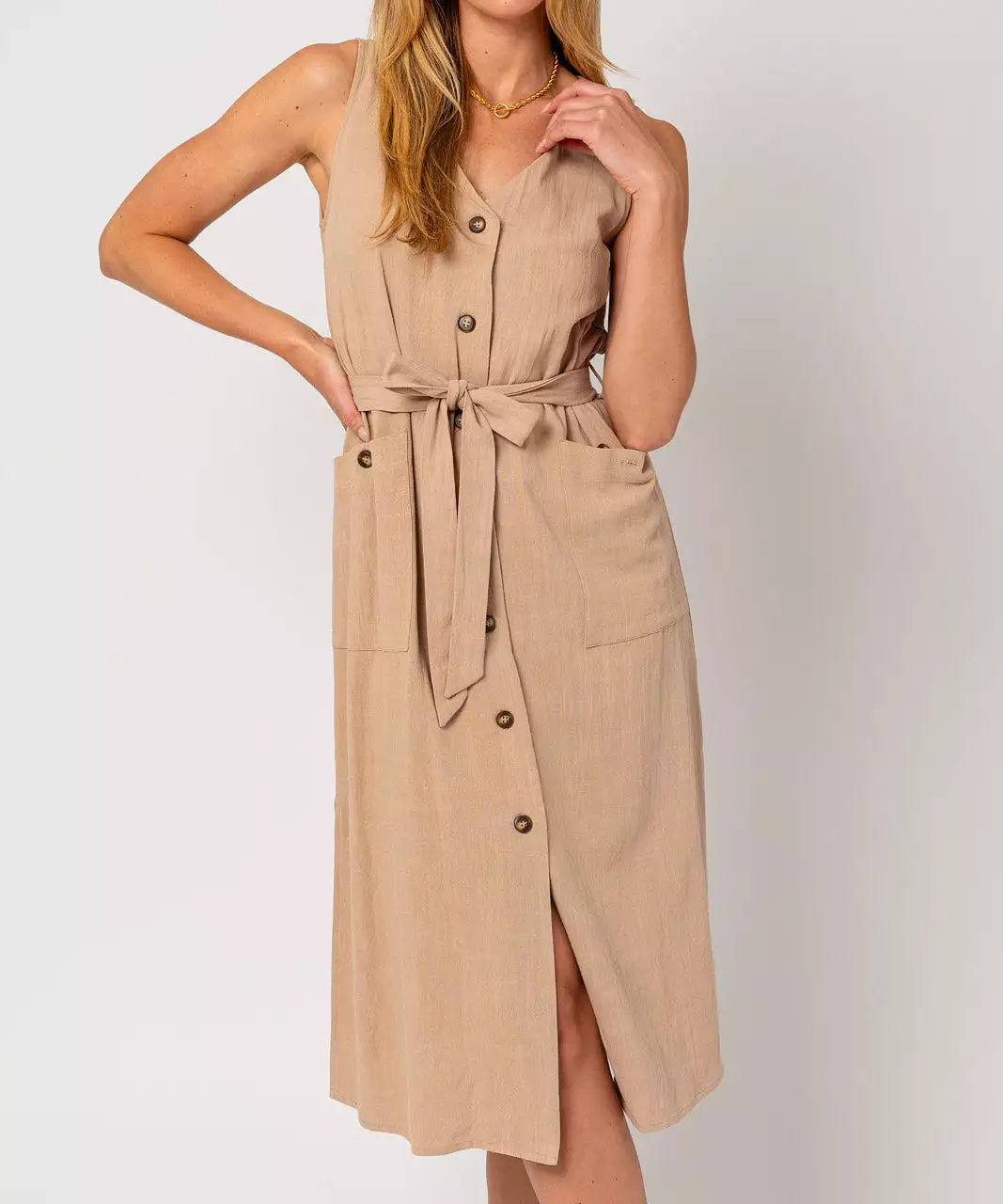 Sleeveless Button Down Dress - Khaki