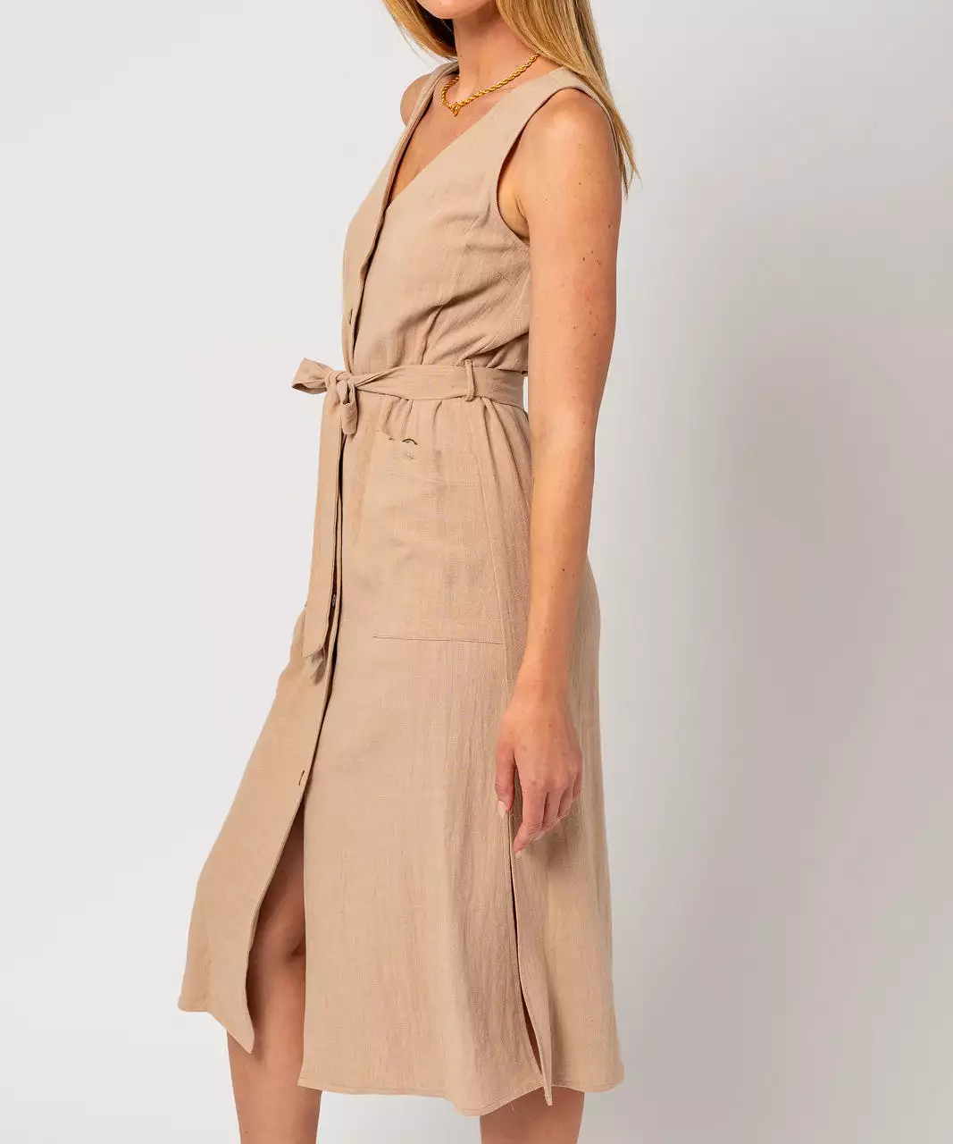 Sleeveless Button Down Dress - Khaki