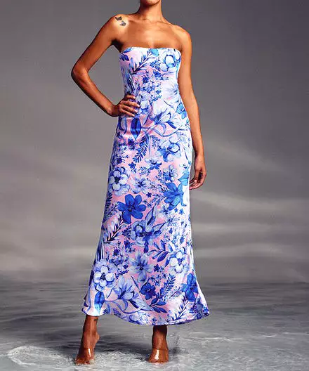 Strapless Floral Satin Maxi Dress - Blue Ivy