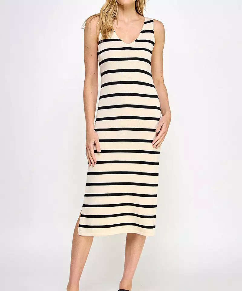 Stripe V-Neck Midi Dress - Cream/Black