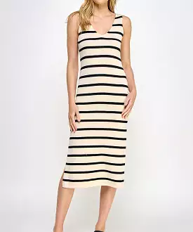 Stripe V-Neck Midi Dress - Cream/Black