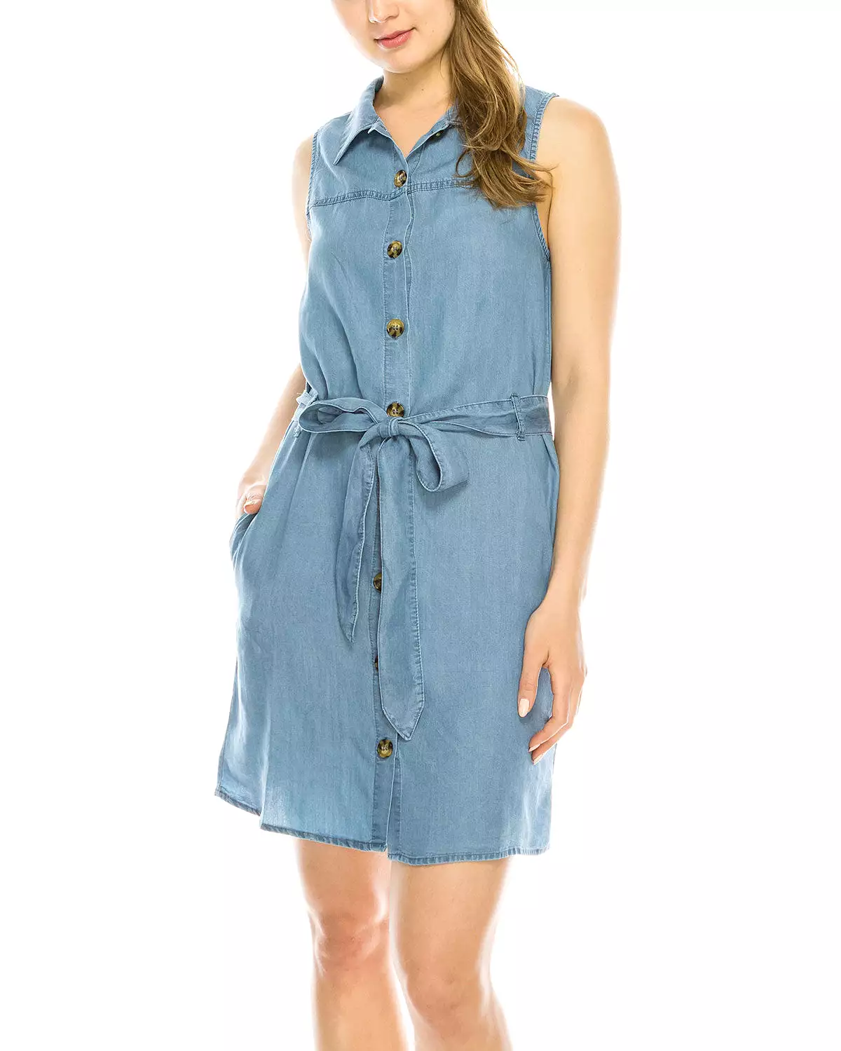 Summer Button Down Denim Shirt Dress with Front Tie Waist