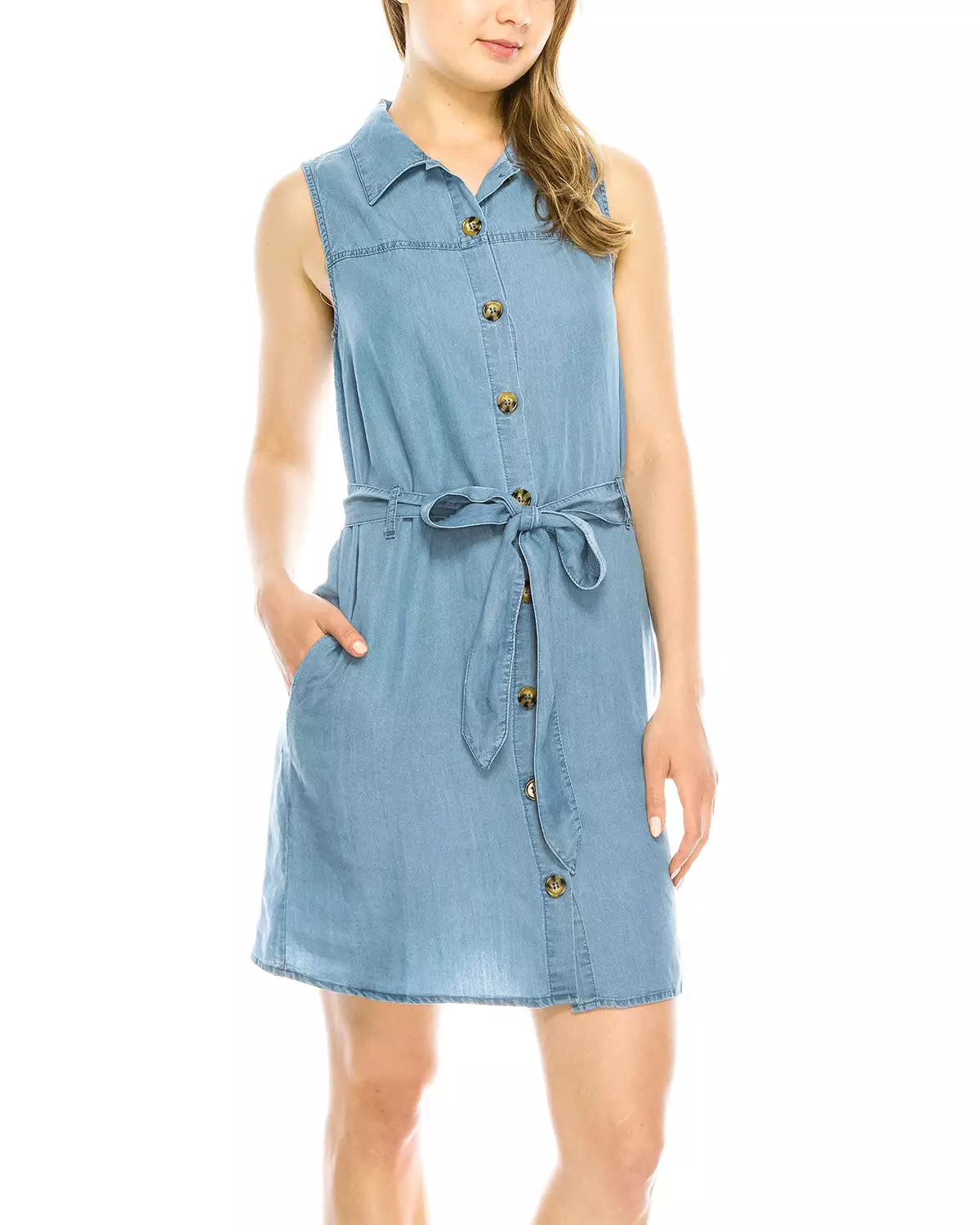 Summer Button Down Denim Shirt Dress with Front Tie Waist