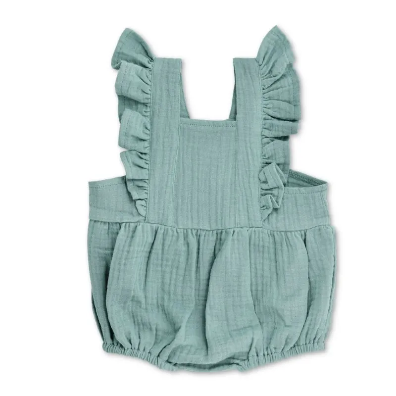 Teal Organic Muslin - Flutter Sleeve Romper