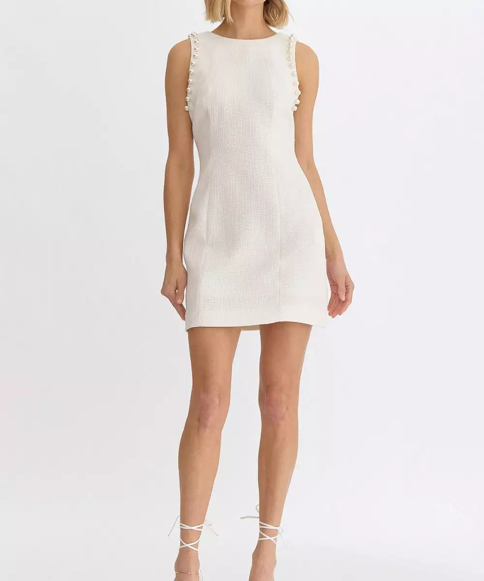 Textured Sleeveless Dress with Pearl Detail - Cream