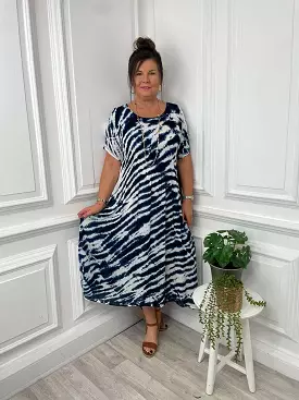 Tie Dye Shirred Midaxi Dress - Navy