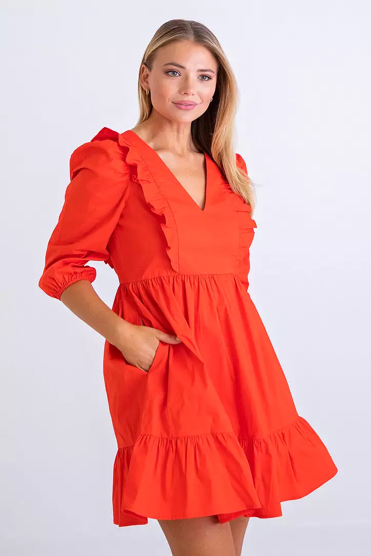 Tomato Poplin Ruffle Tier Dress