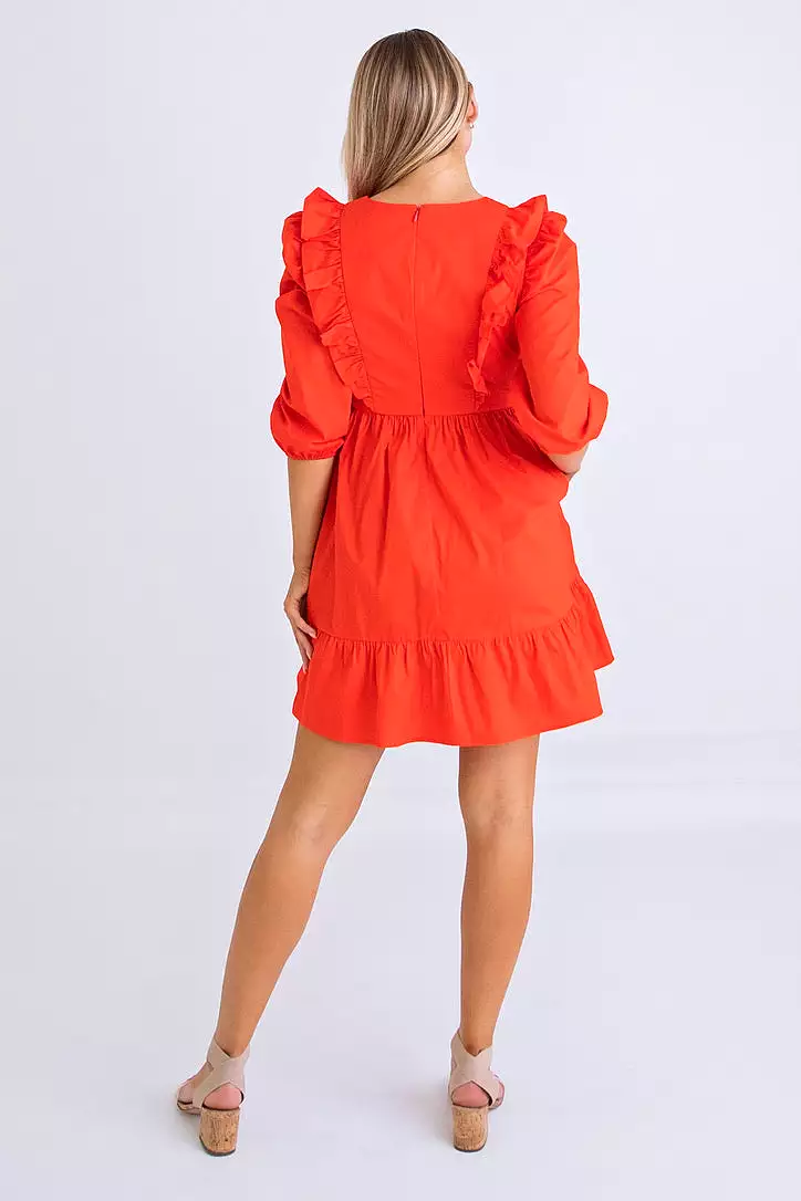 Tomato Poplin Ruffle Tier Dress