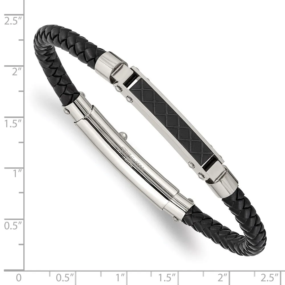 Two Tone Stainless Steel & Black Leather I.D. Bracelet, 7.5 to 8 Inch