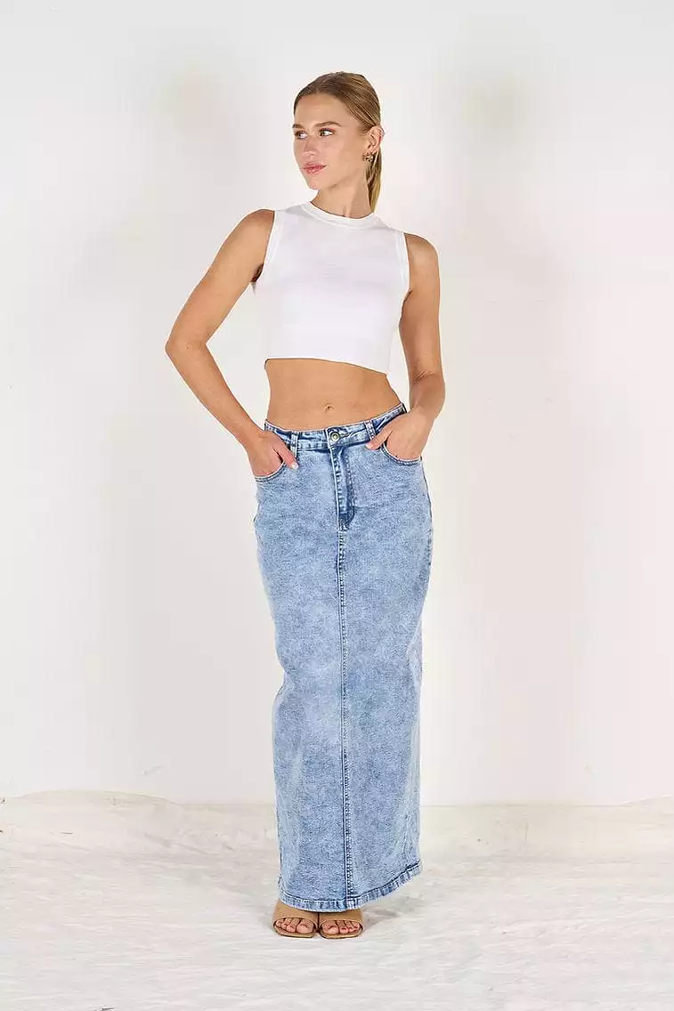 Wakee Denim Ladies Maxi Skirt - Denim Acid 7125