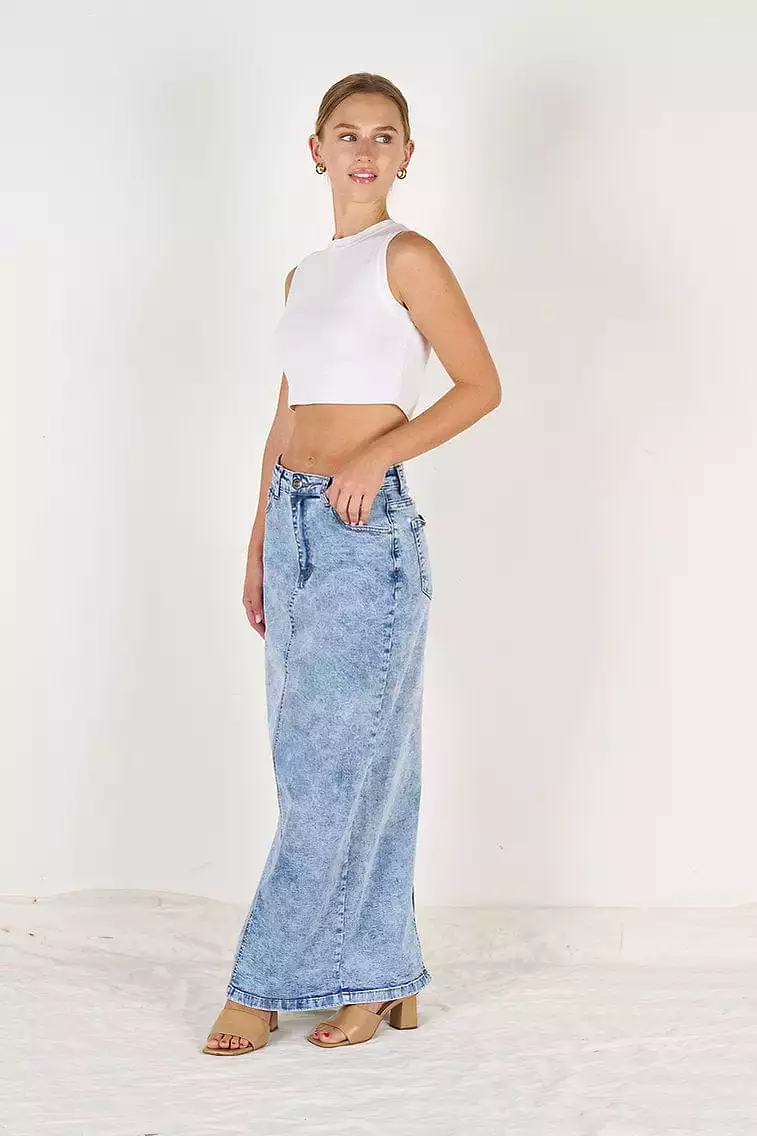 Wakee Denim Ladies Maxi Skirt - Denim Acid 7125