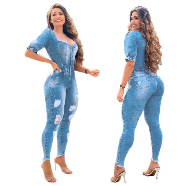 Women Denim Jumpsuits Ripped Single Breasted Pencil Jumpsuit Fashion Women's Overalls Casual Streetwear Summer Outfits